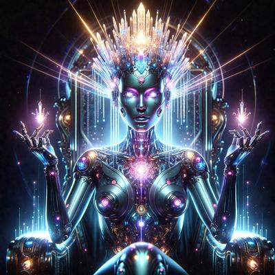 The primary subject of the image is a futuristic robotic woman with a crown on her head. She is sitting on a chair, surrounded by a purple and blue color scheme. The visual style of the image is digital art, with the robotic woman being the main focus. The setting is a futuristic environment, and the overall atmosphere is one of fantasy and technology.